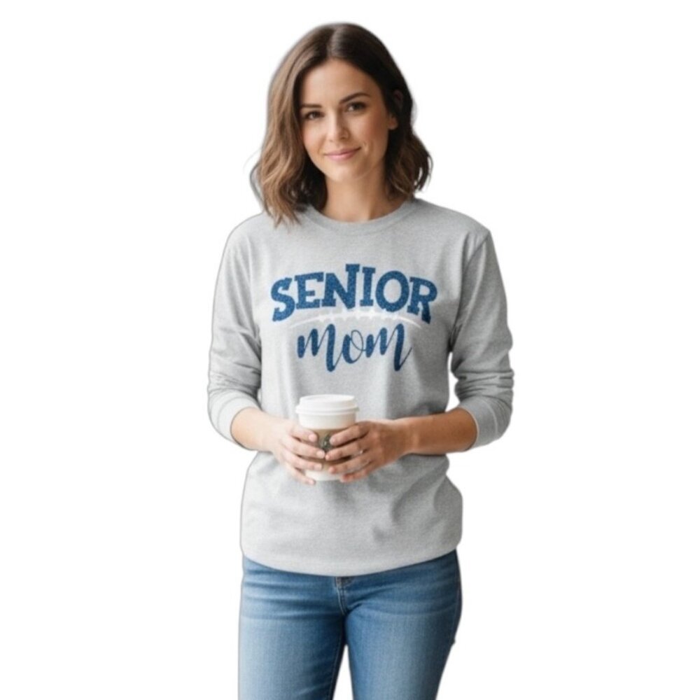 Senior Mom Football T-Shirt~Size Large~ Grey/Royal Blue Long Sleeve Top ~ L9 10